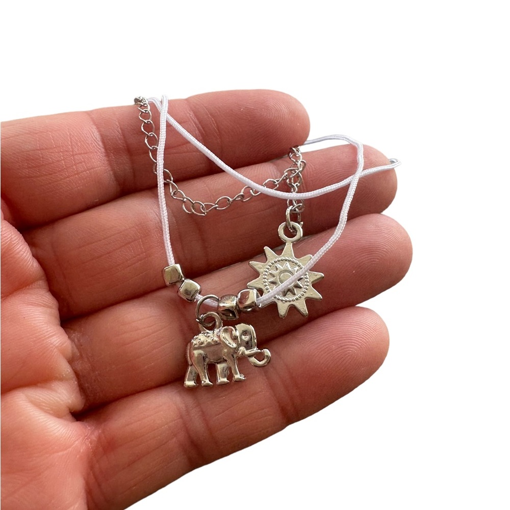 Silver and White Anklet with Elephant and Sun Charms